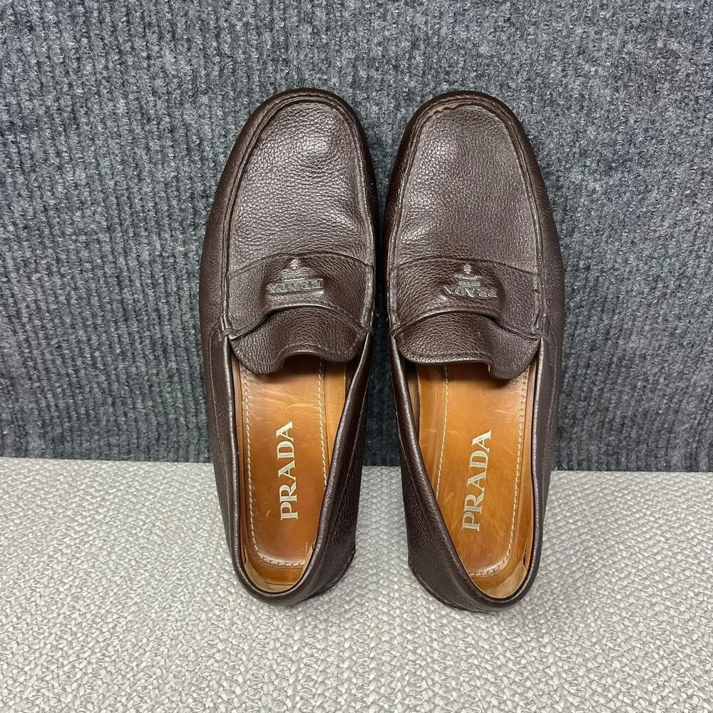 Prada Logo Pebbled Leather Driving Loafers Slip On Brown Italy Mens 7 2D2170